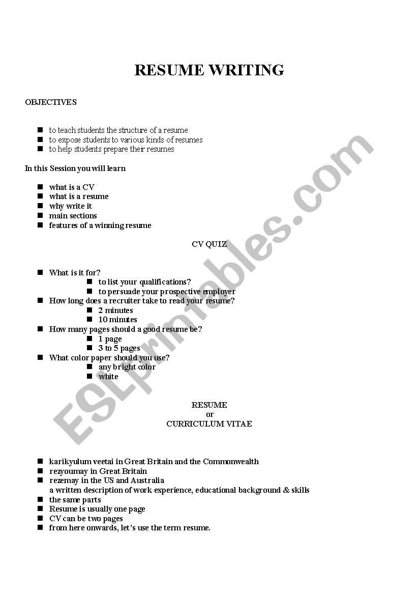 Resume writing worksheet