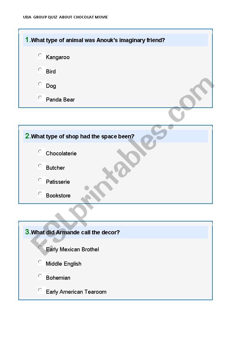 chocolat movie quiz worksheet