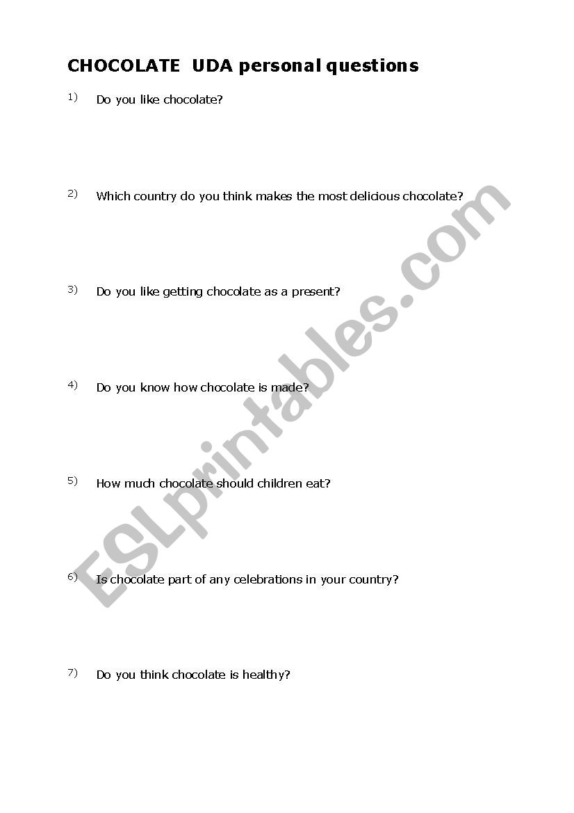 CHOCOLATE PERSONAL QUESTIONS worksheet