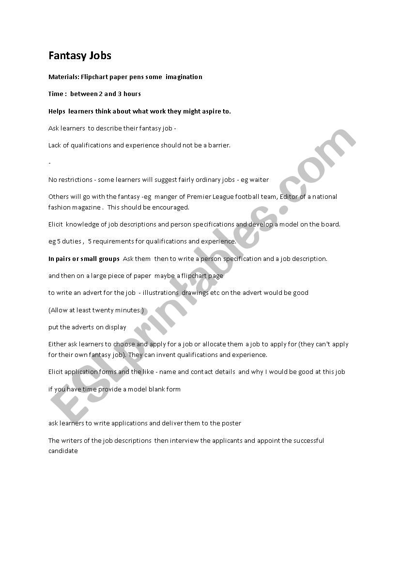 Fantasy Jobs worksheet
