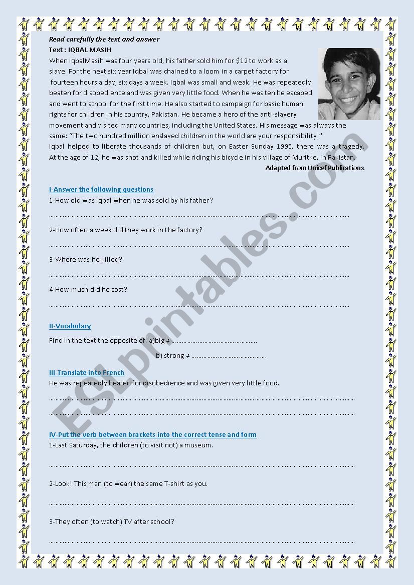 Text about Iqbal Masih worksheet