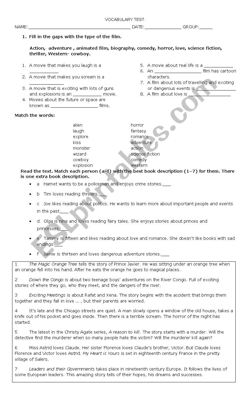 movies and films  worksheet