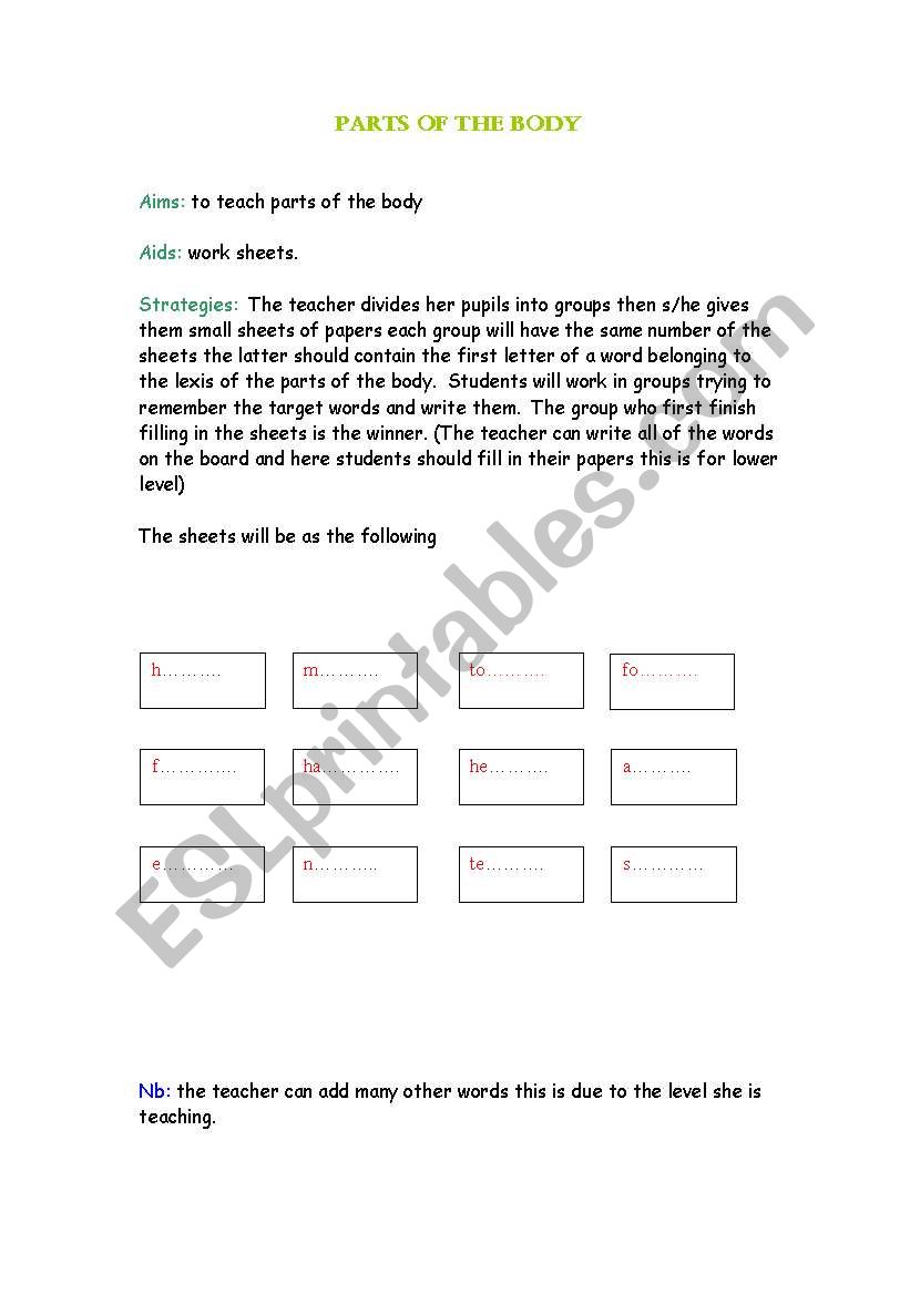 parts  of the body worksheet