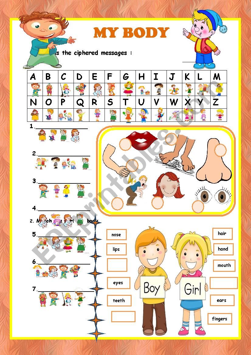 My Body.  Cryptogram worksheet