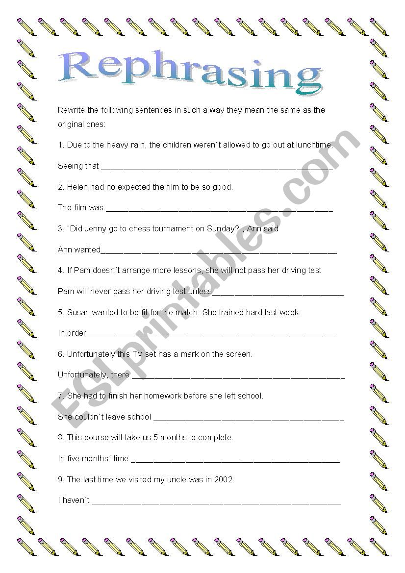 Rephrasing exercises worksheet