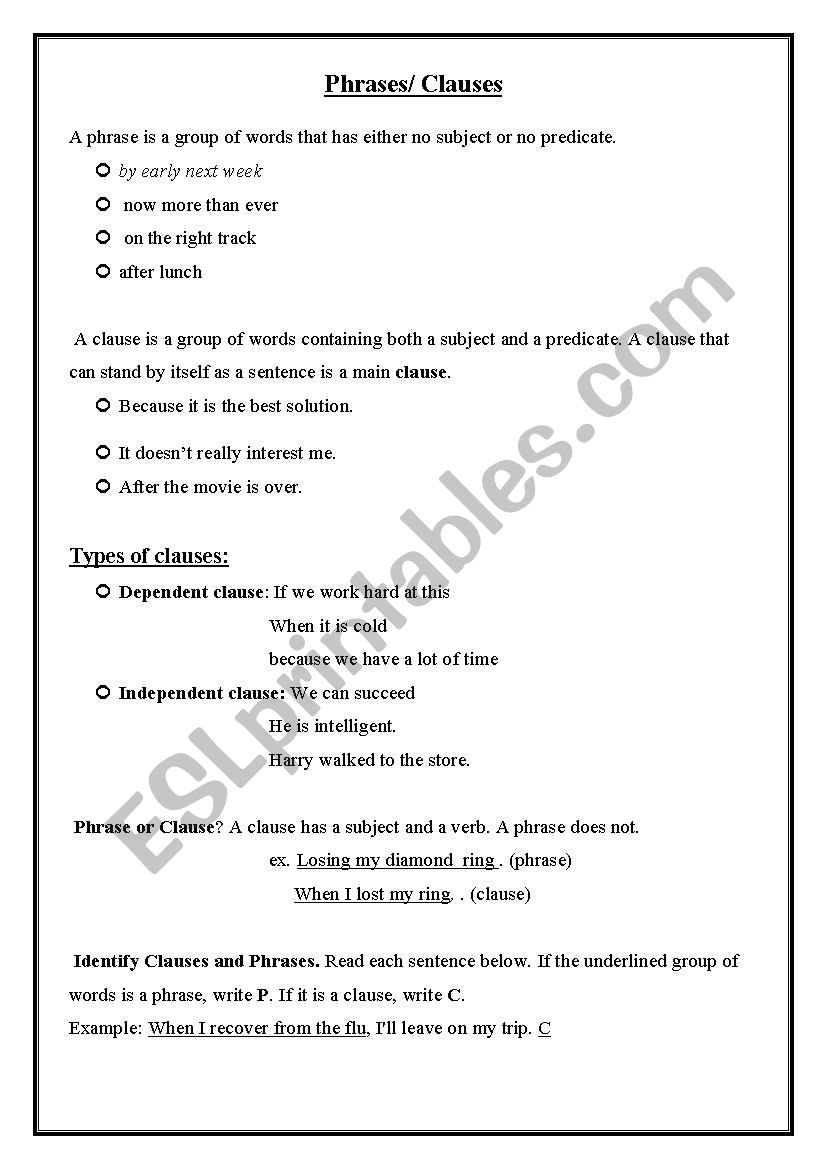 Clauses and phrases - ESL worksheet by sweet hannah With Regard To Phrase And Clause Worksheet