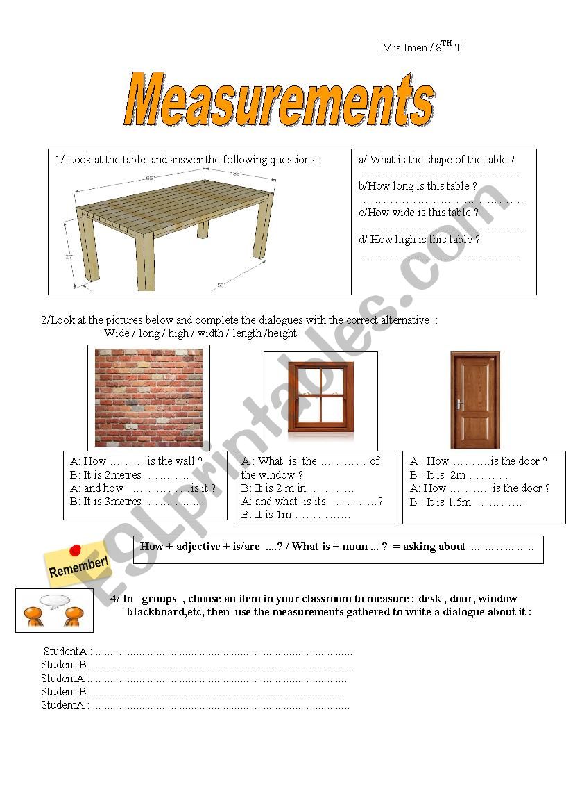 measurements  worksheet