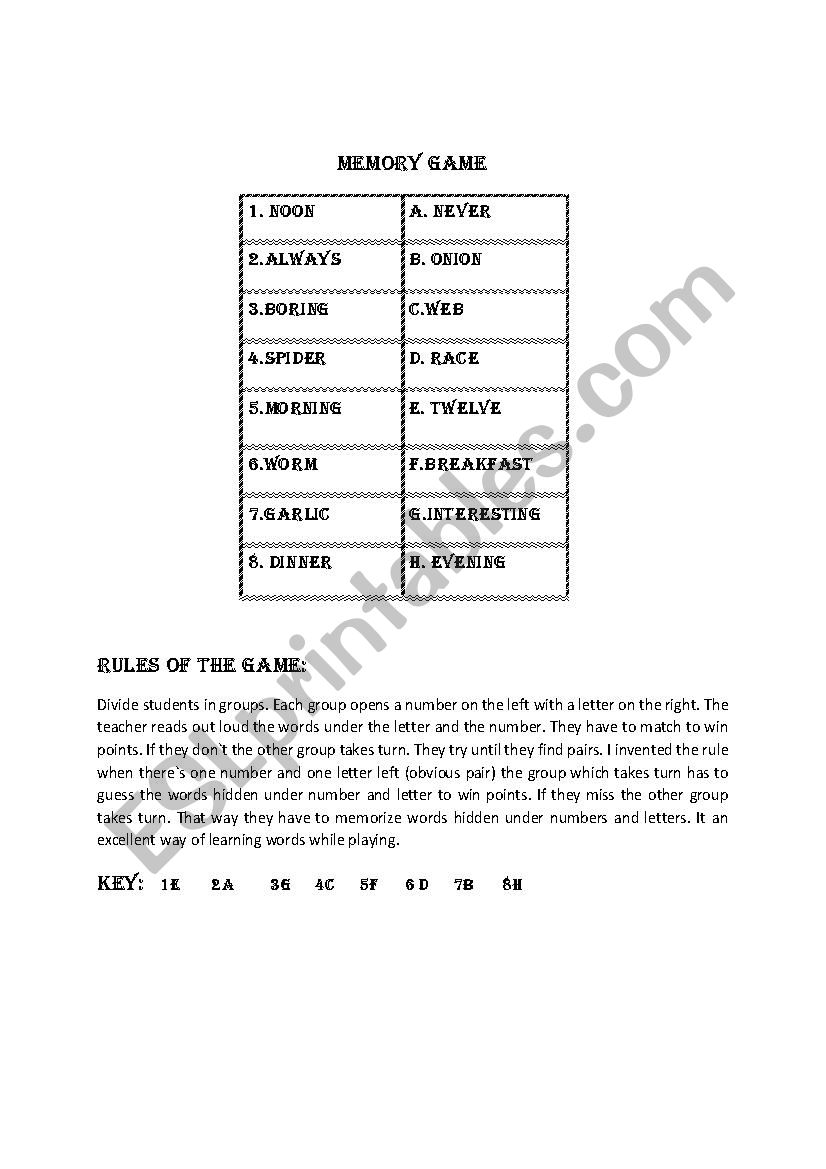 Memory game 4. worksheet