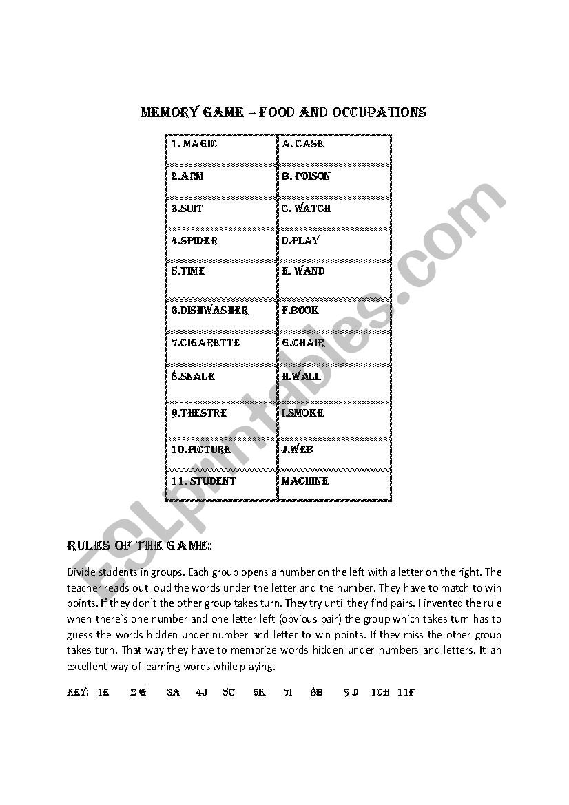 Memory game 5. worksheet