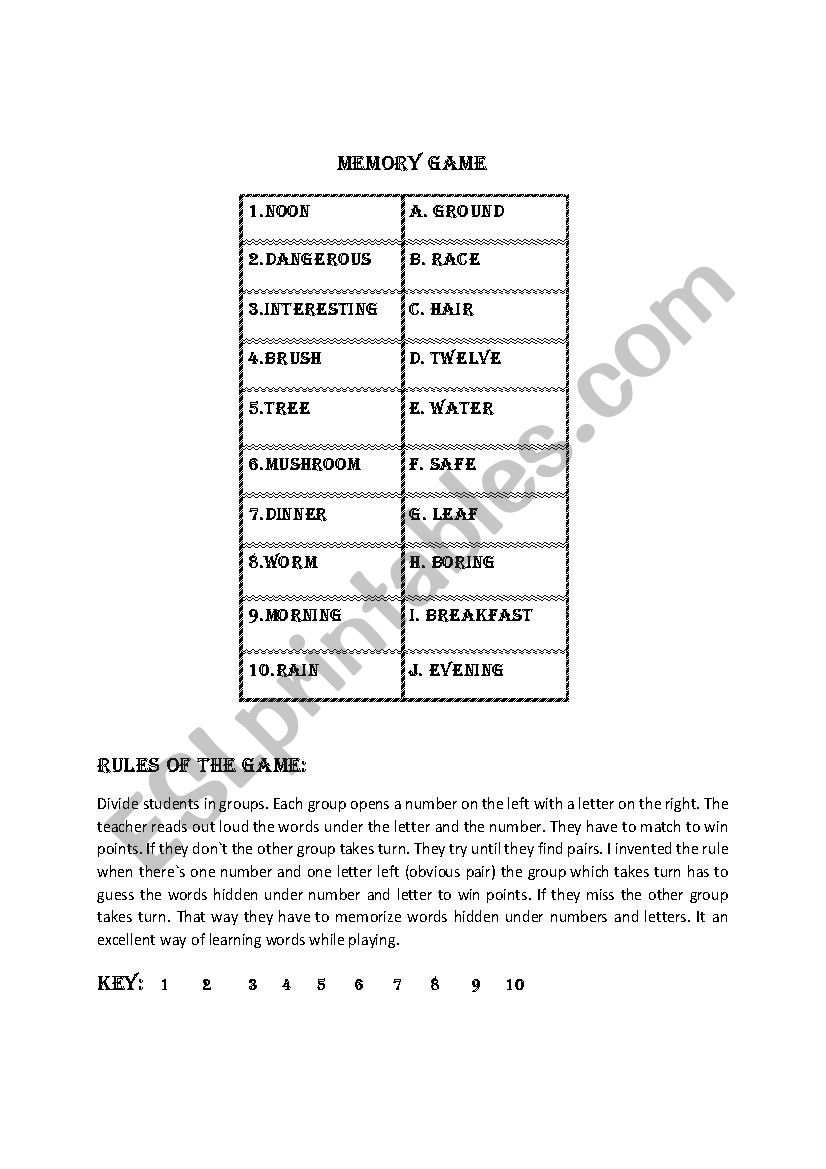 Memory game 6. worksheet