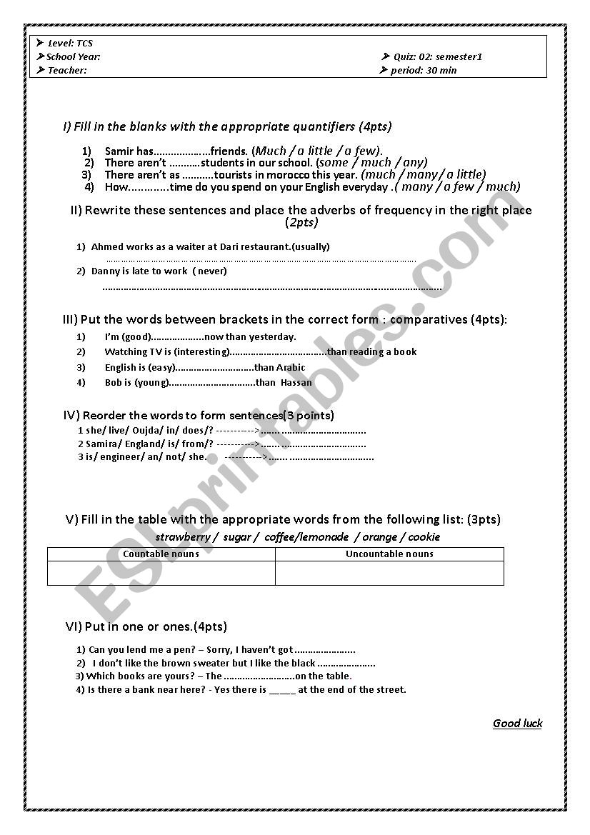 quiz- 2 semester worksheet