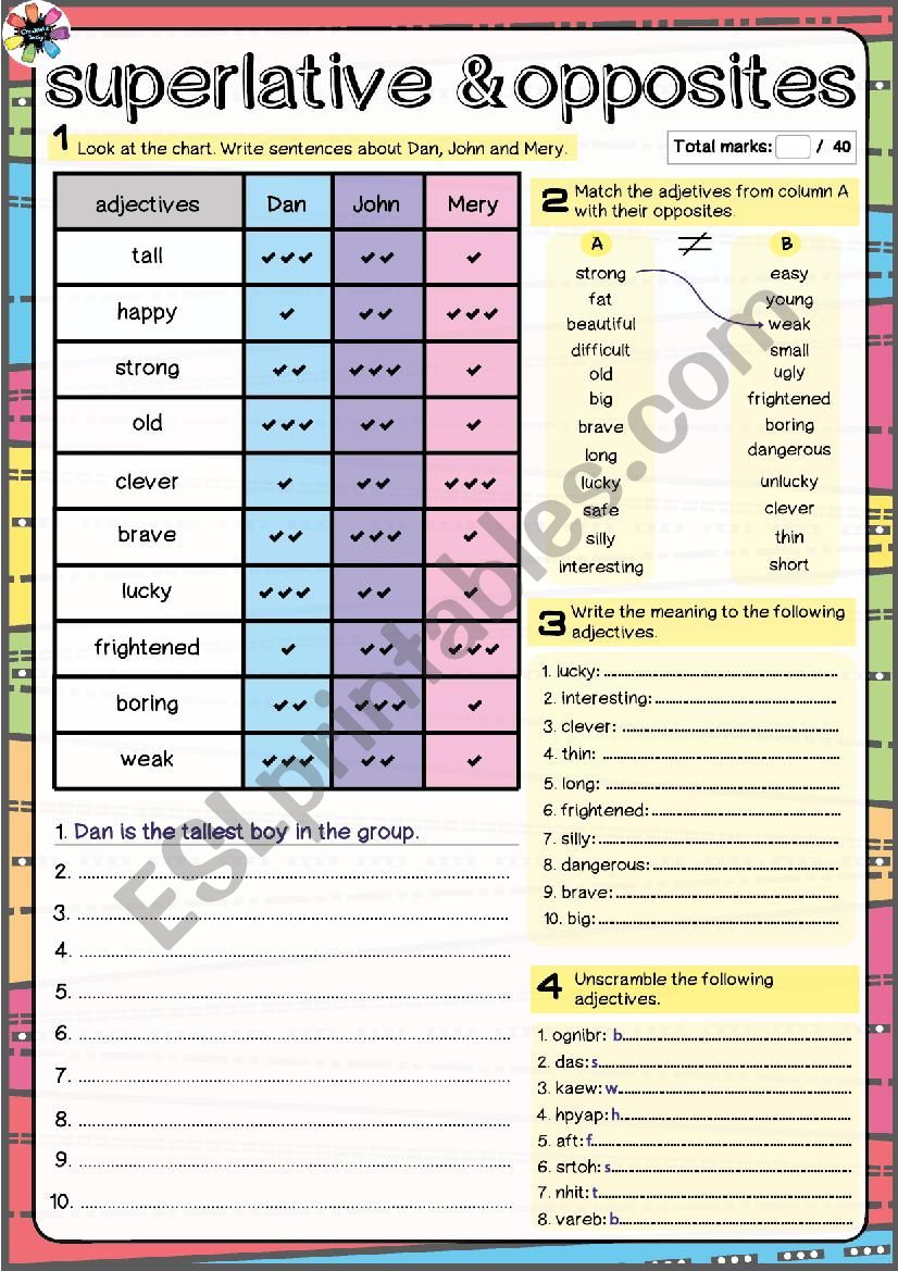 Superlative and Opposites worksheet