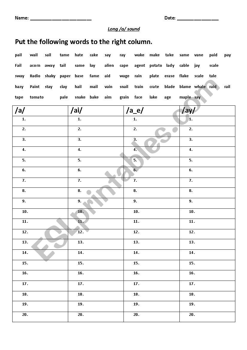 Long a sound worksheet