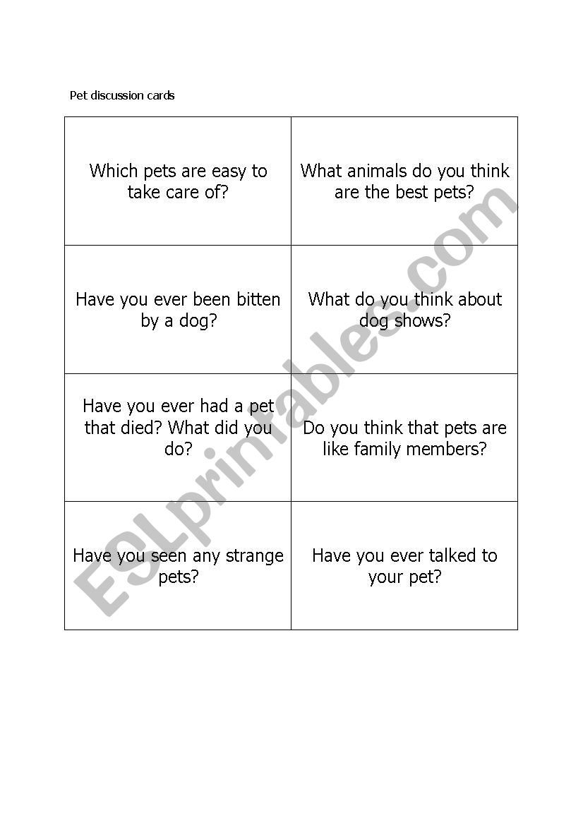 Pet discussion cards worksheet