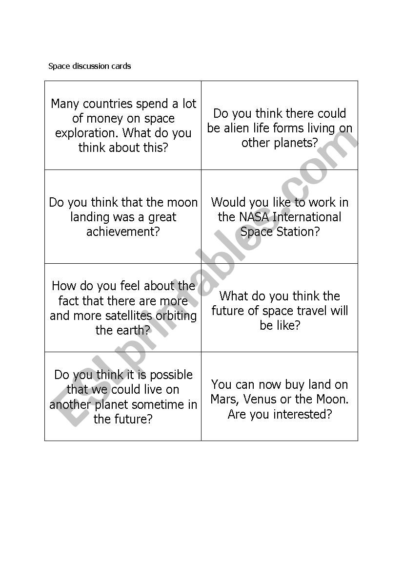 Space discussion cards worksheet