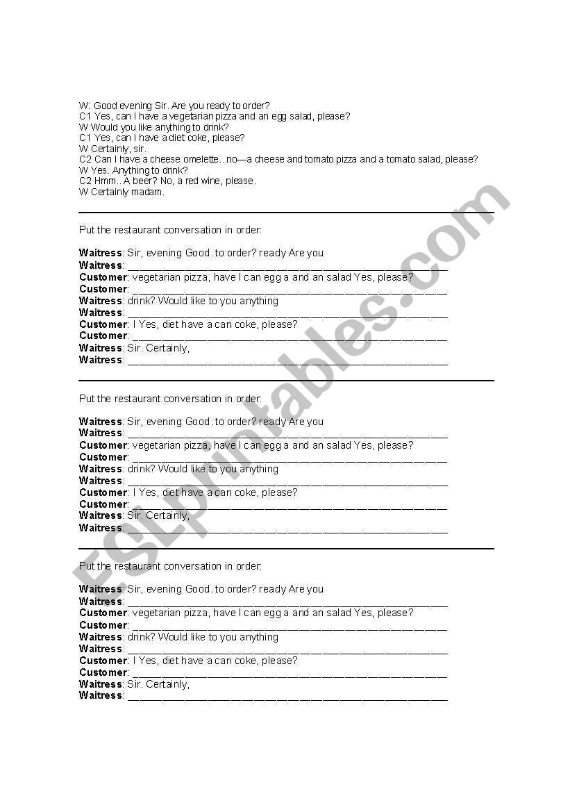 Restaurant worksheet