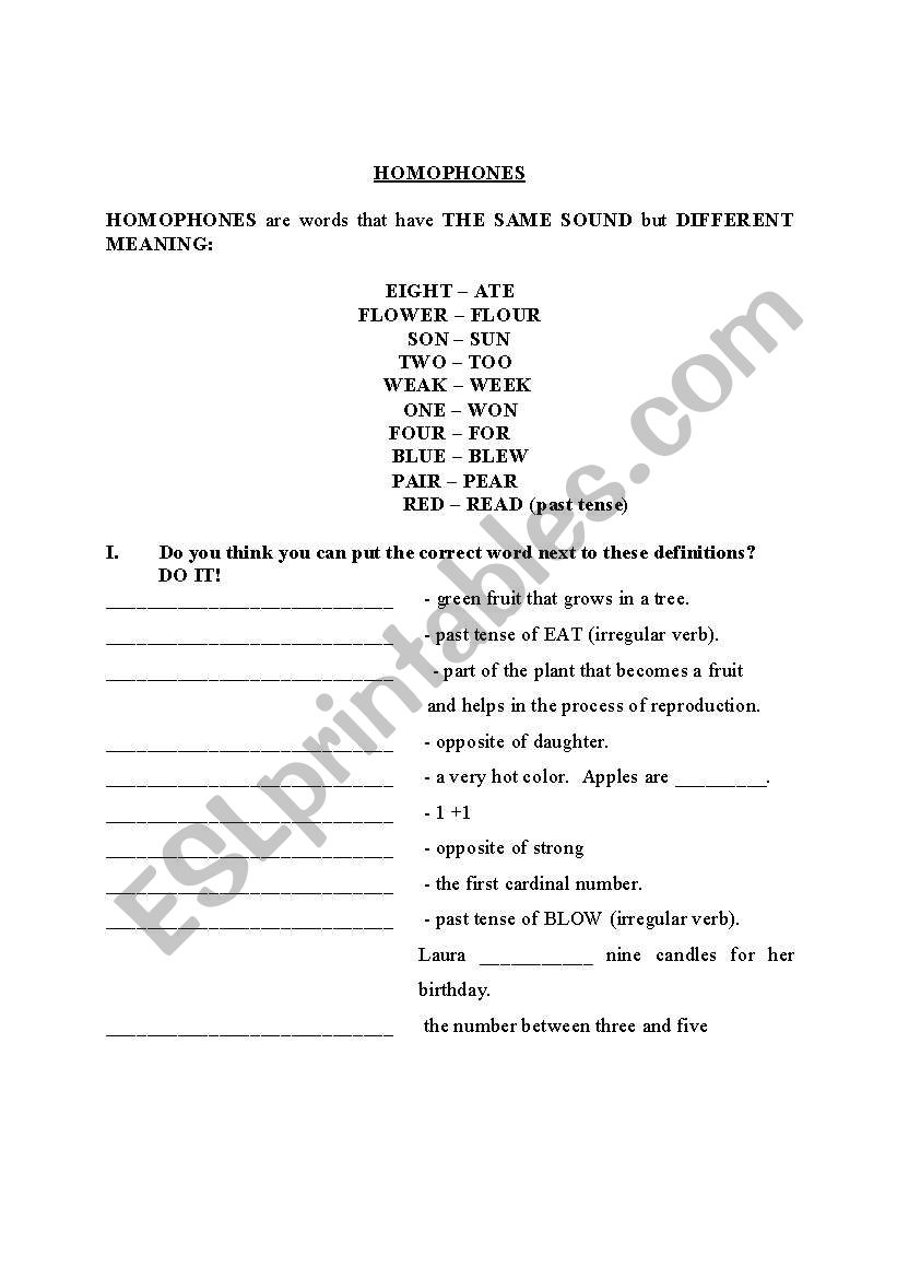 HOMOPHONES worksheet
