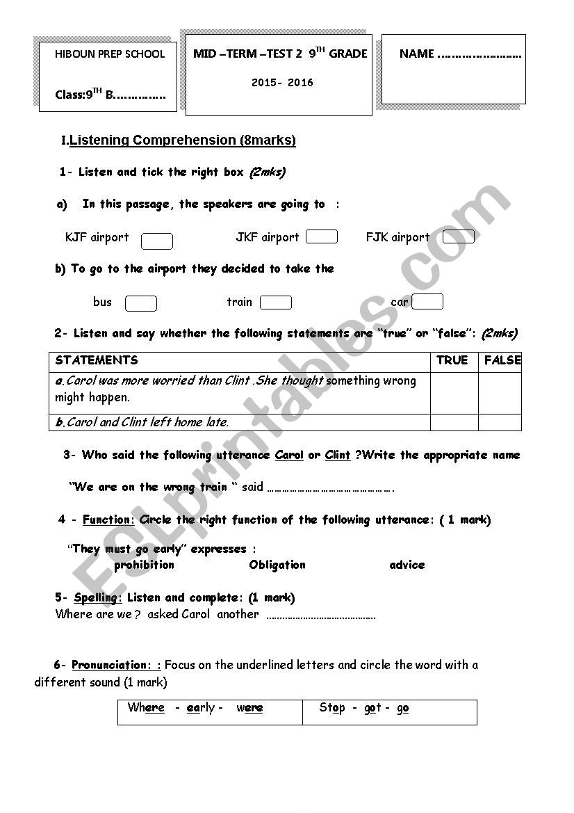 MID TERM TEST 2  FOR 9TH GRADE