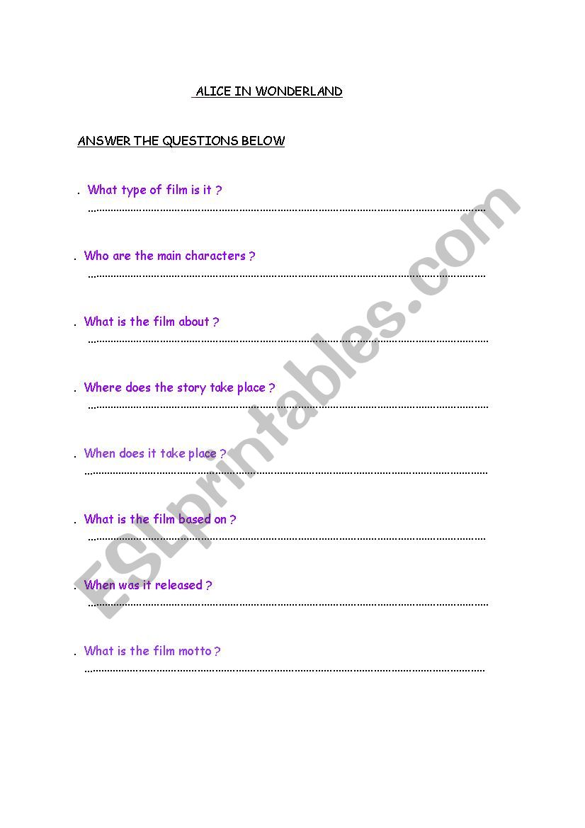 alice in wonderland  worksheet