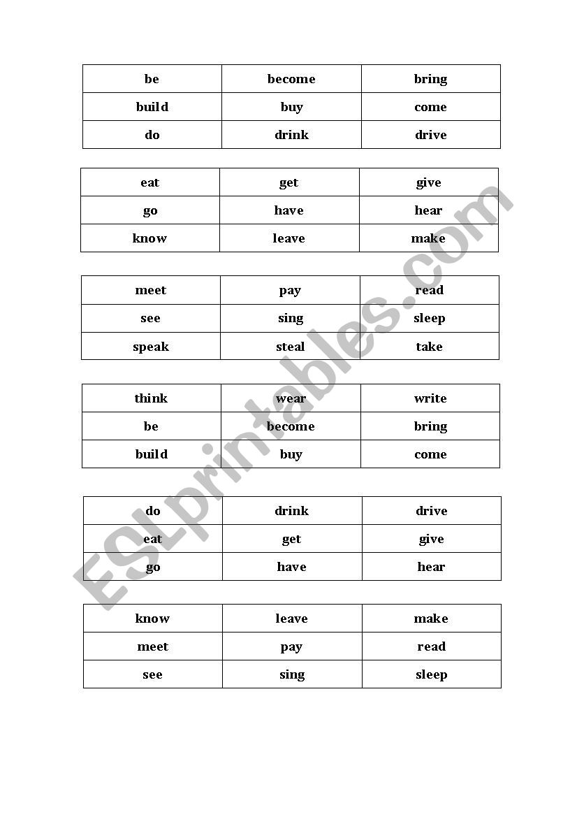 Bingo irregular verbs worksheet