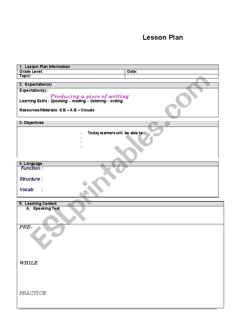 lesson plan form worksheet