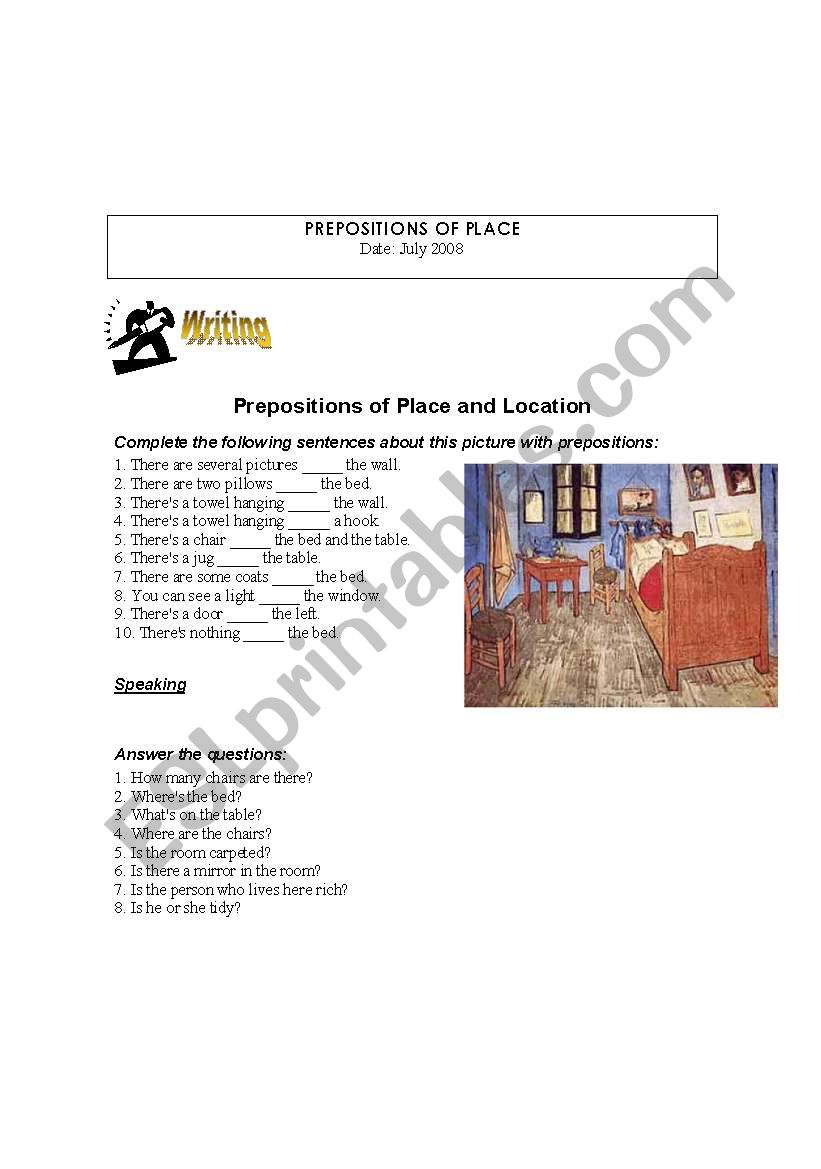 Prepositions of place worksheet