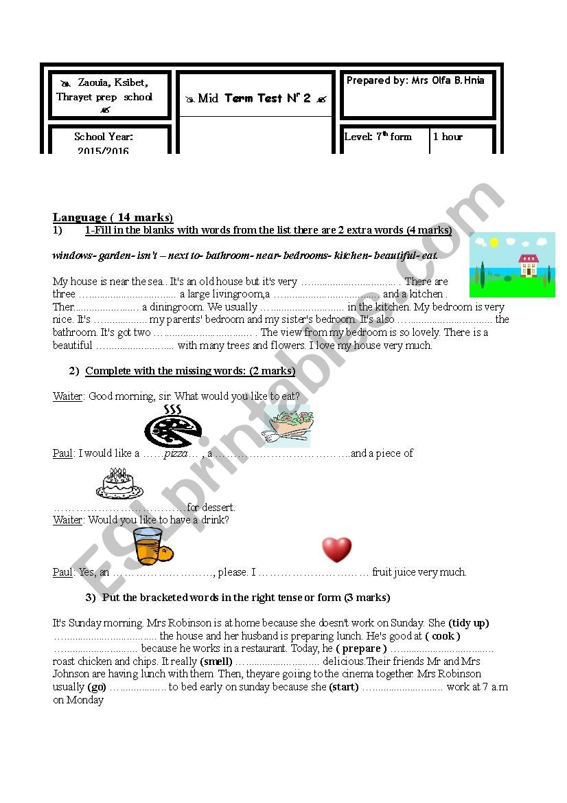 Mid term test n 2 7th form  worksheet