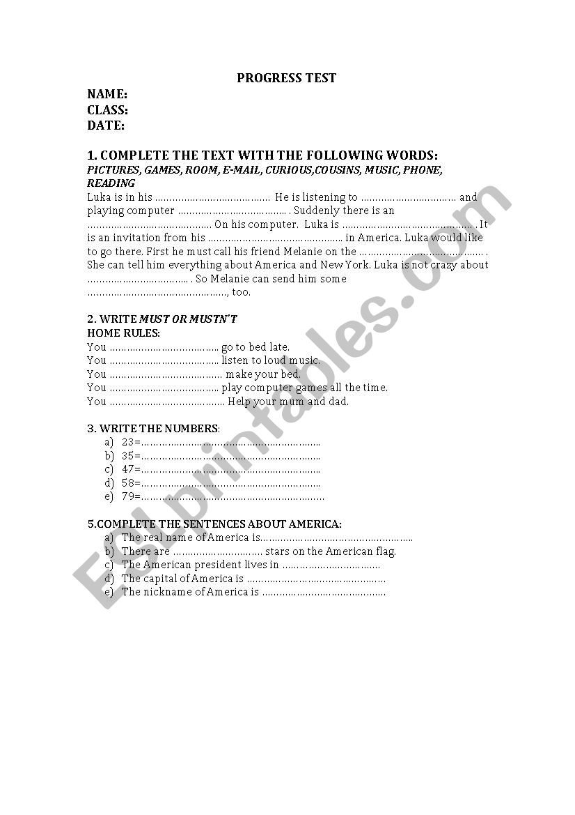 Progress Test 4th grade worksheet