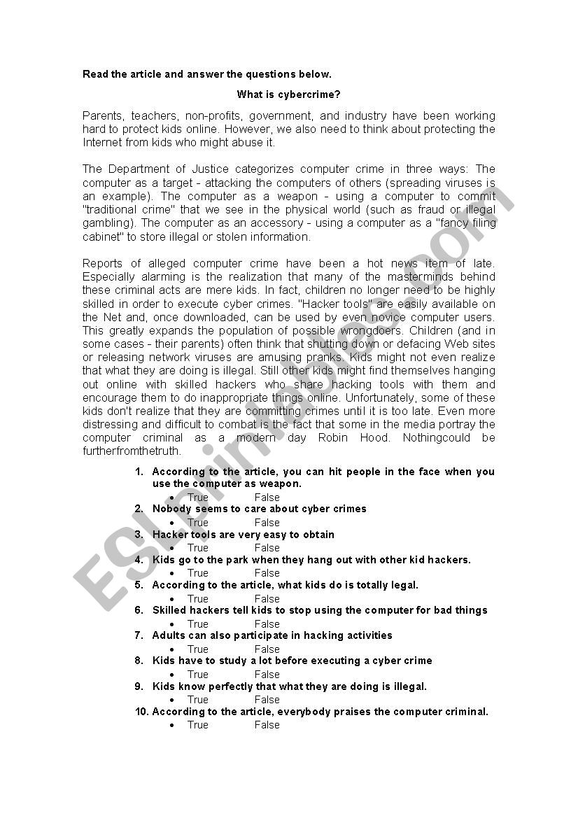 cyber crimes reading activity worksheet