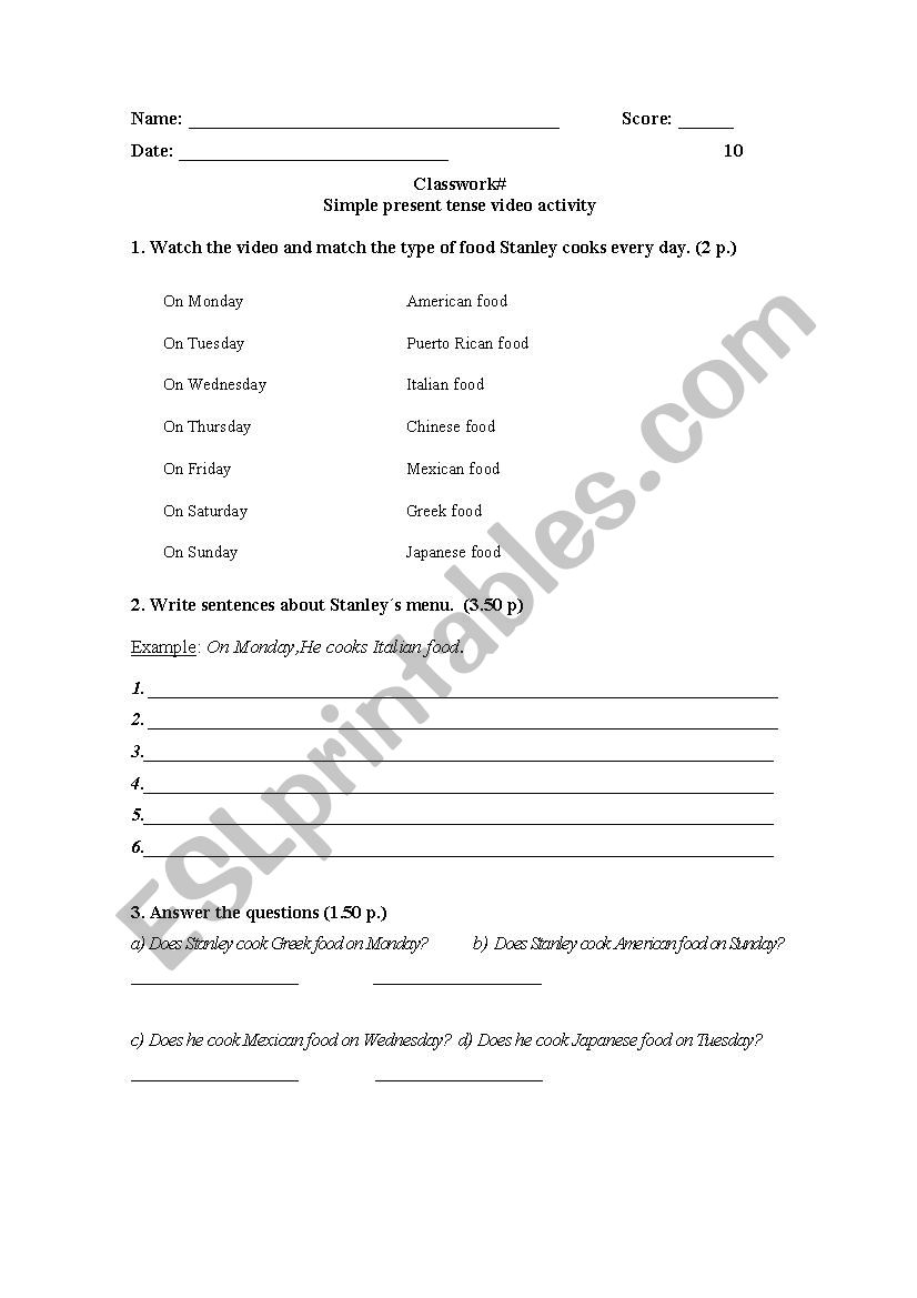 Simple present video activity worksheet