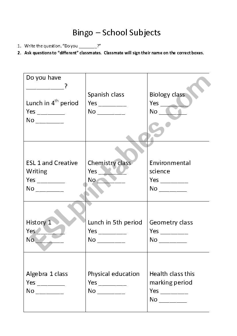 School Subjects Bingo - Speaking Activity