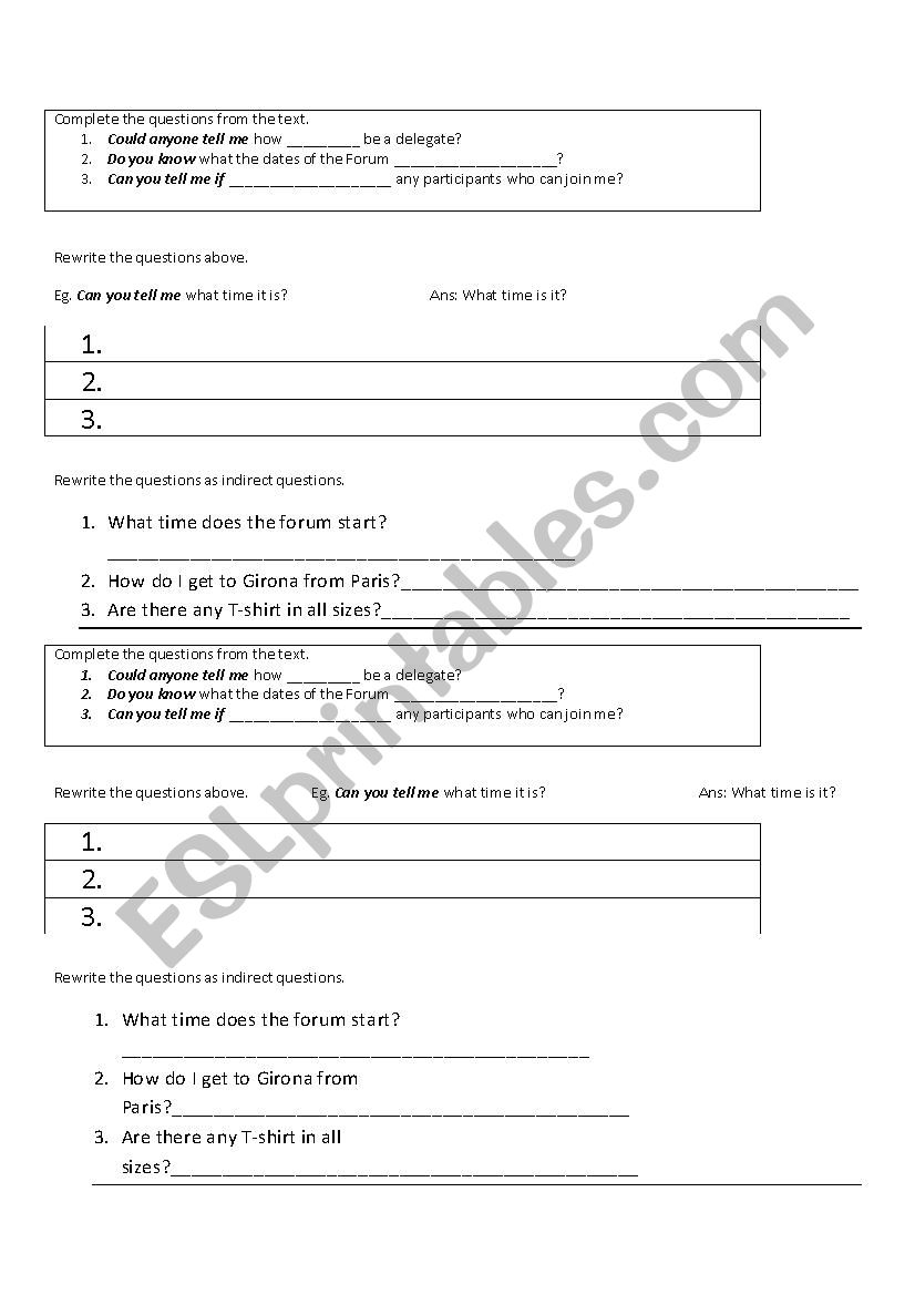 Indirect Questions worksheet