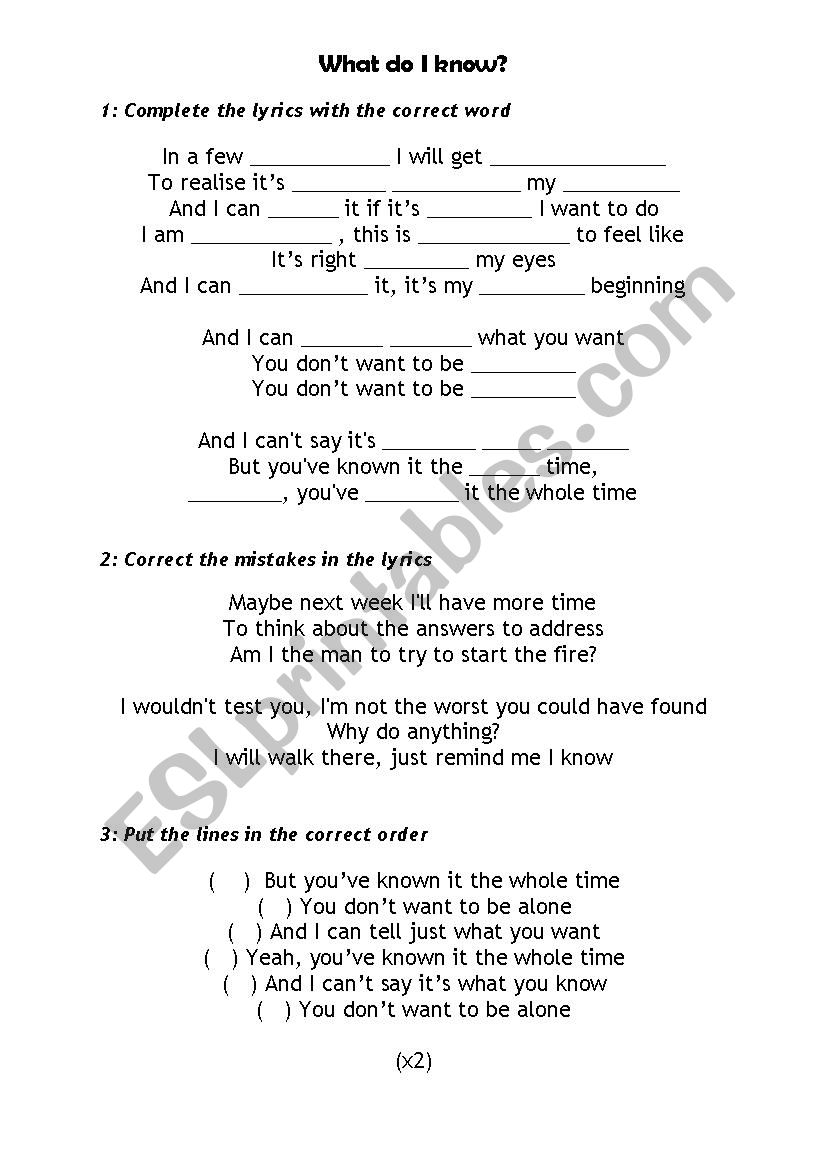 Song Worksheet: What do I know