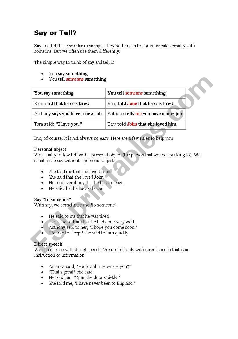 Say and Tell worksheet