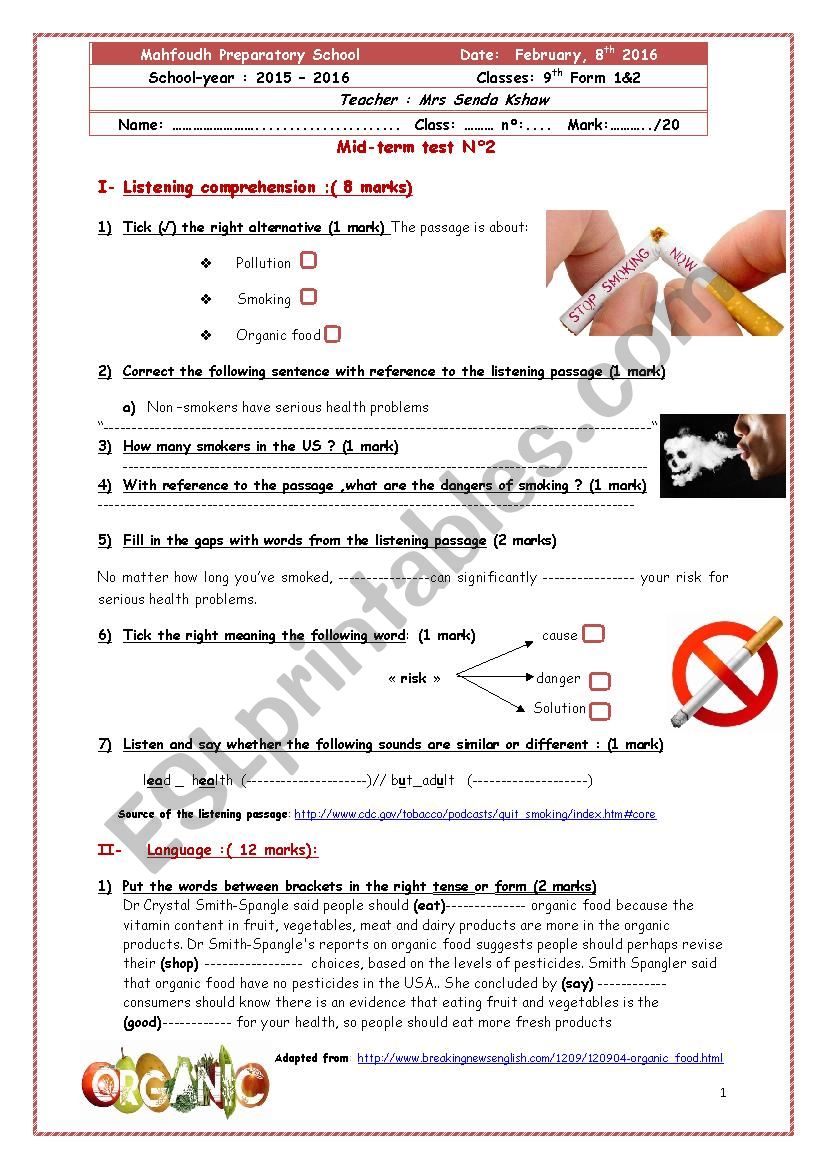 mid term test 2 9th form  worksheet