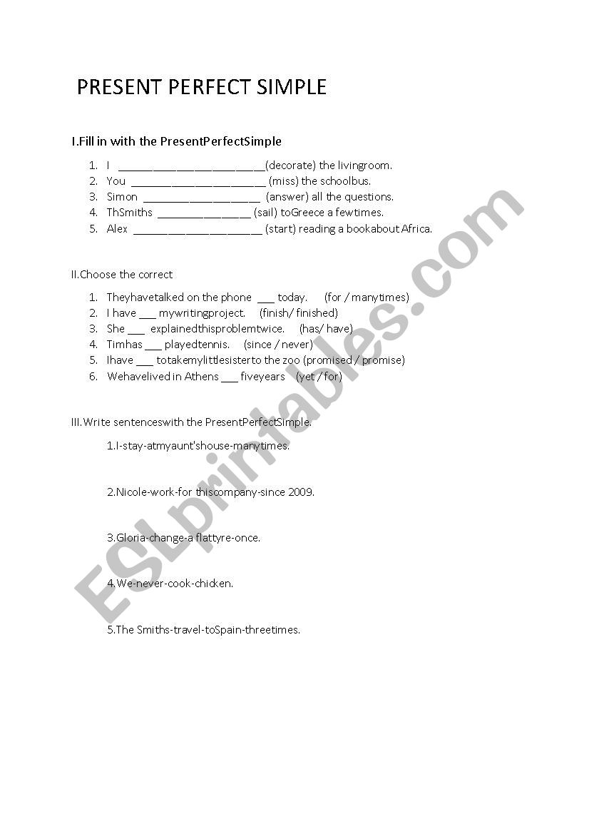 present perfect simple worksheet