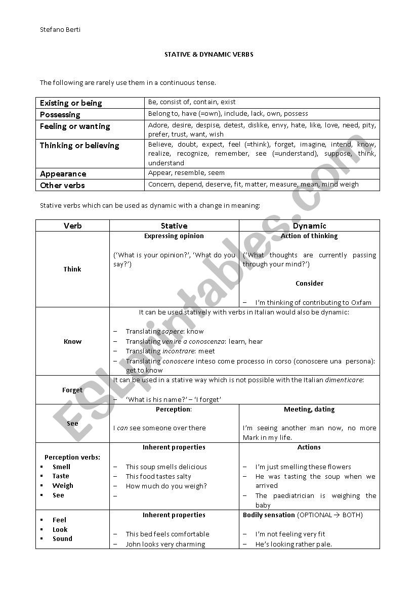 Stative and dynamic verbs worksheet