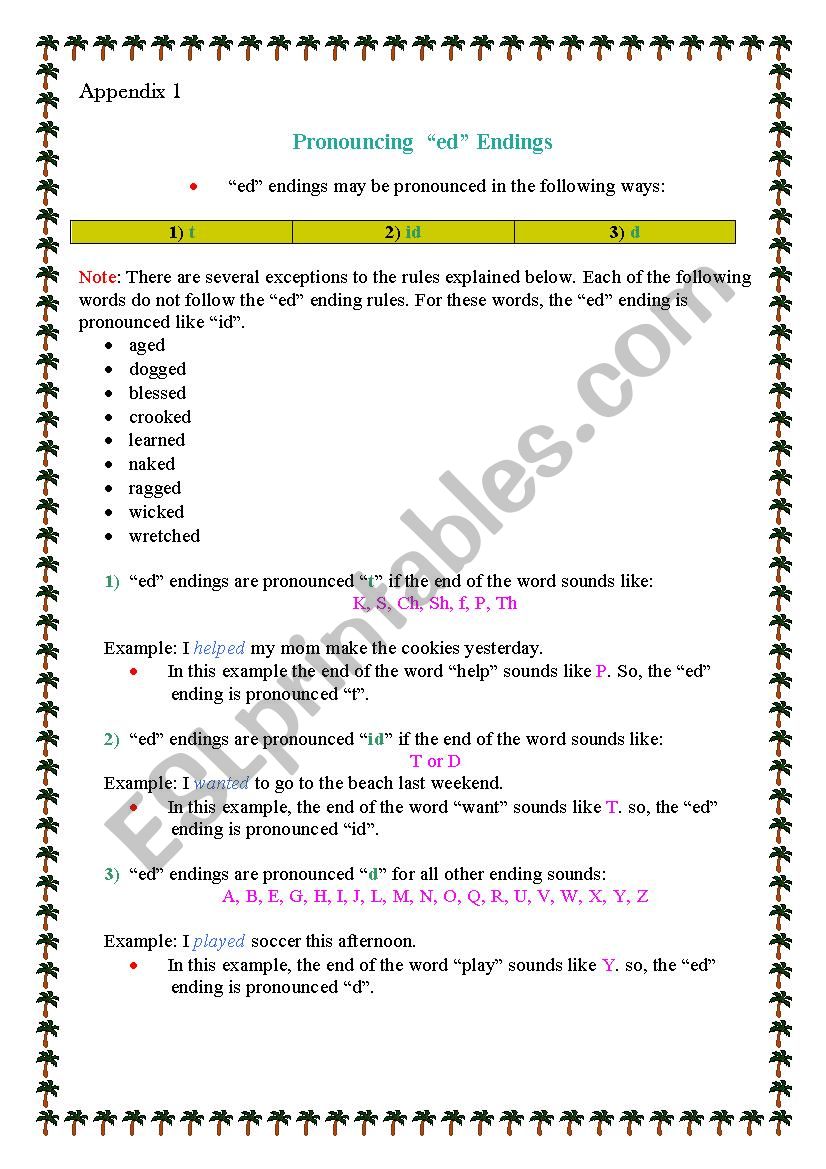 pronunciation -ed endings worksheet