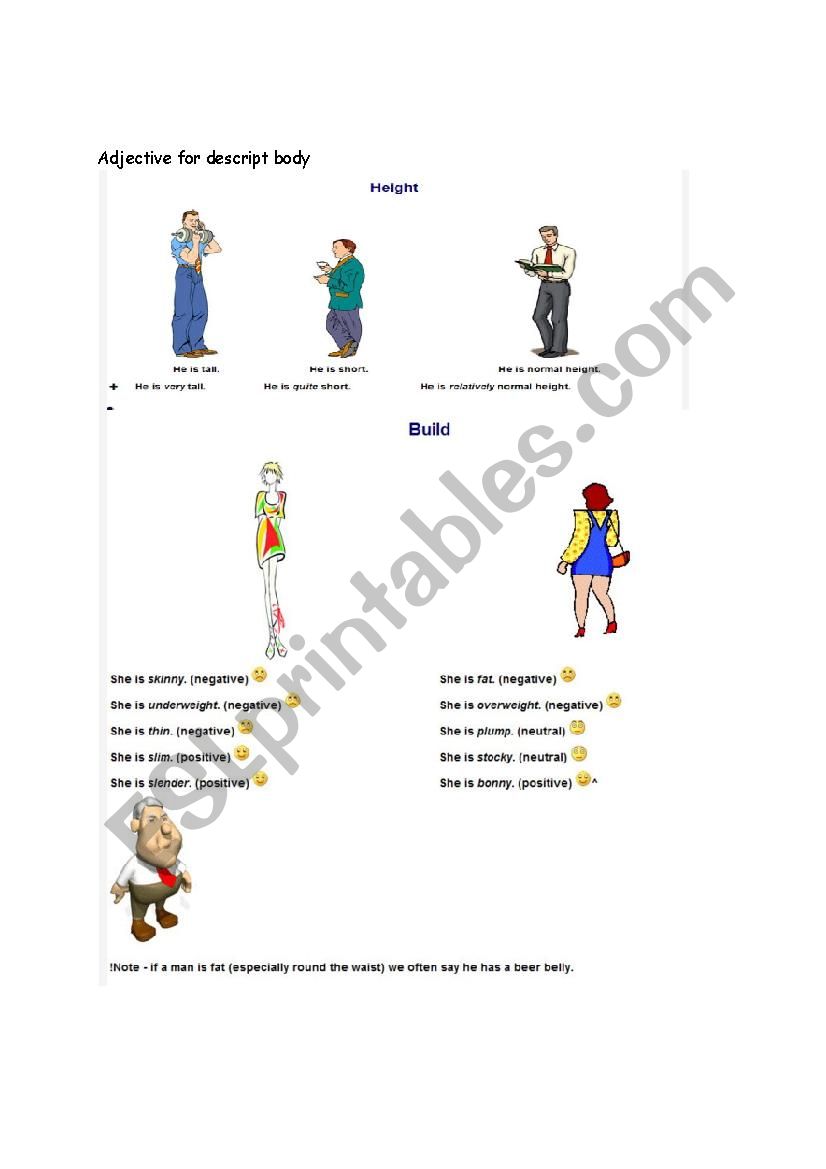 Adjective for body worksheet