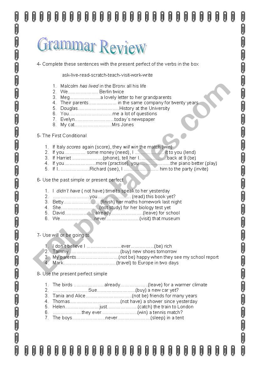 Grammar Review 2 worksheet