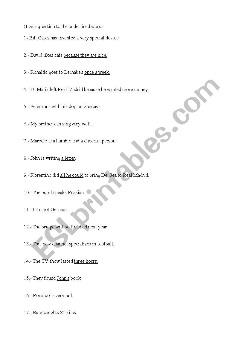 Questions to underlined words worksheet