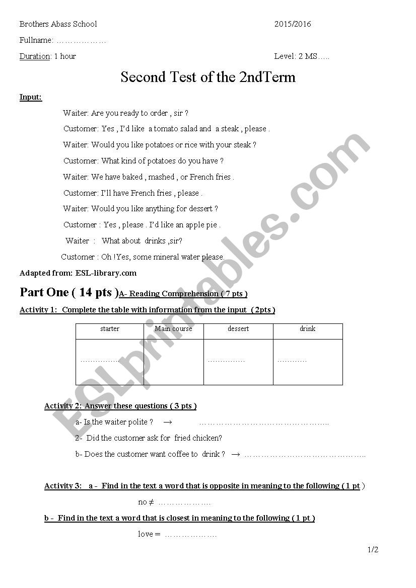 test for beginners worksheet