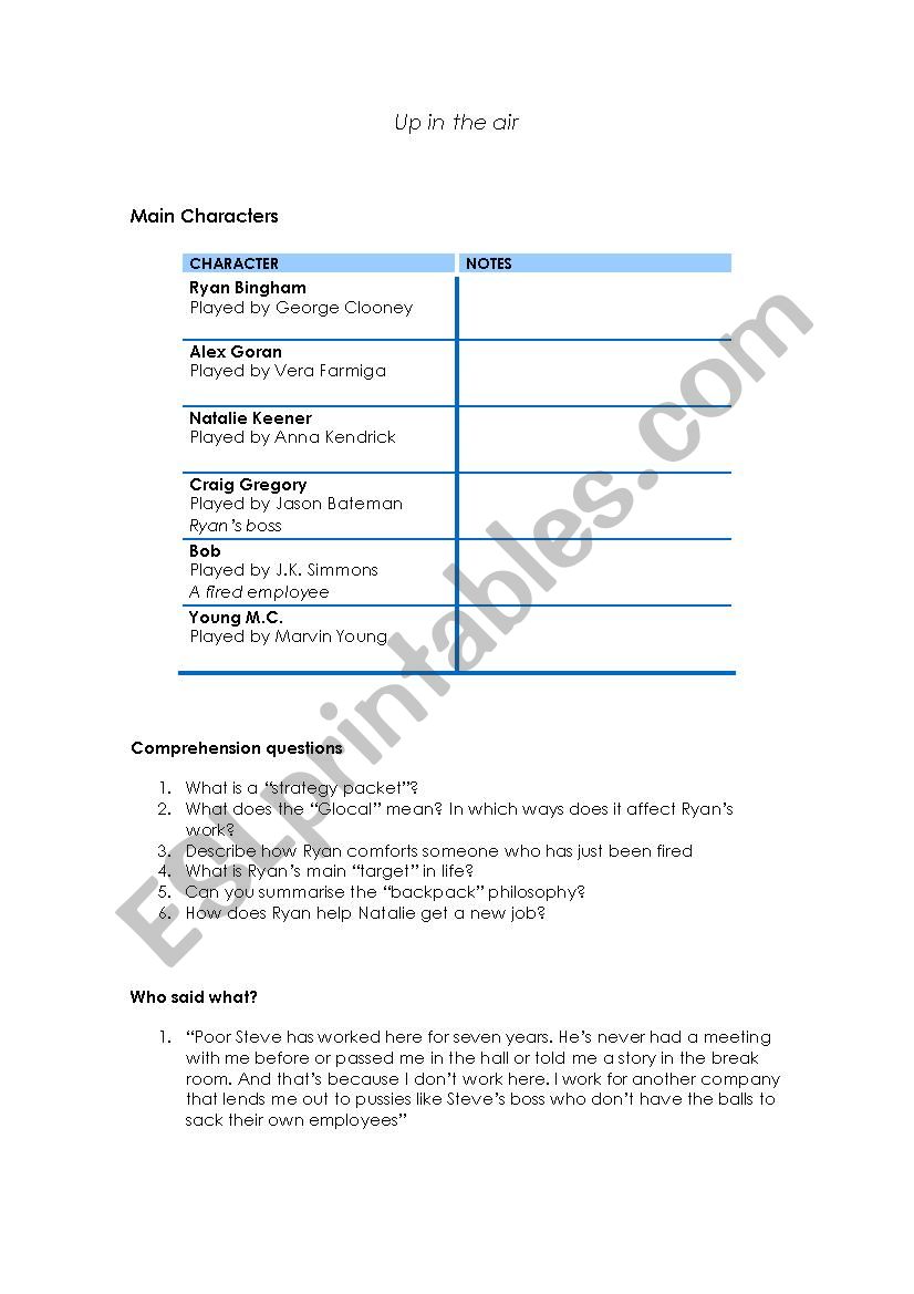 Worksheet to work with the film 