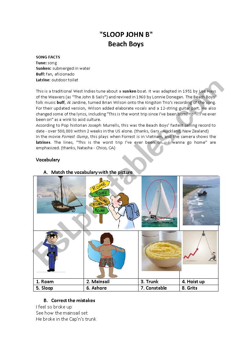 Sloop John B worksheet