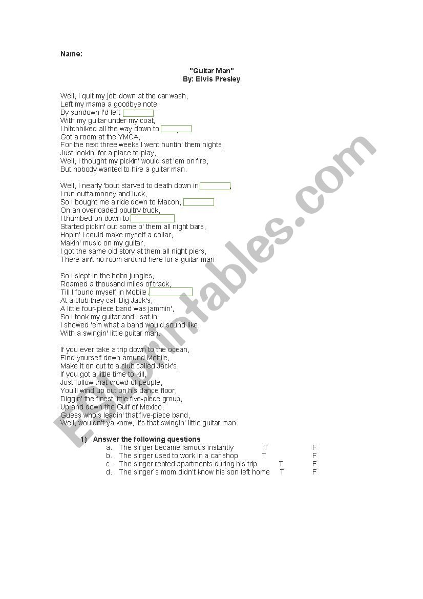 Guitar man (By Elvis Presley) worksheet