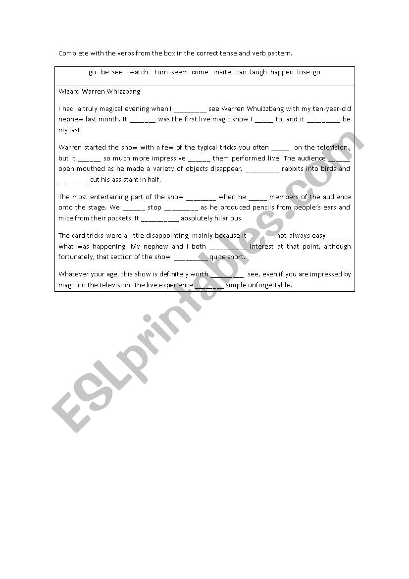 Verb complition activity worksheet