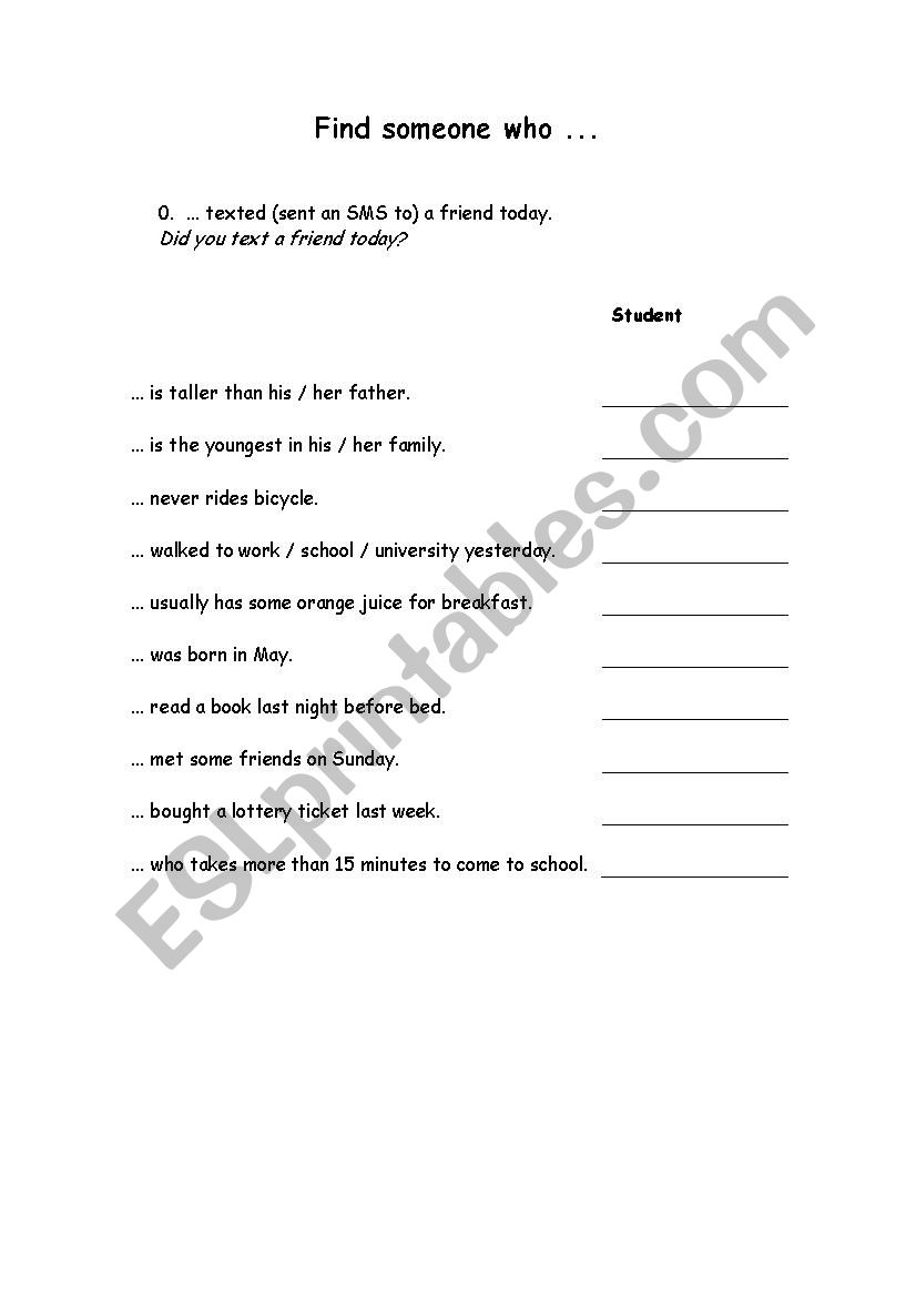 Find Someone Who Elementary worksheet