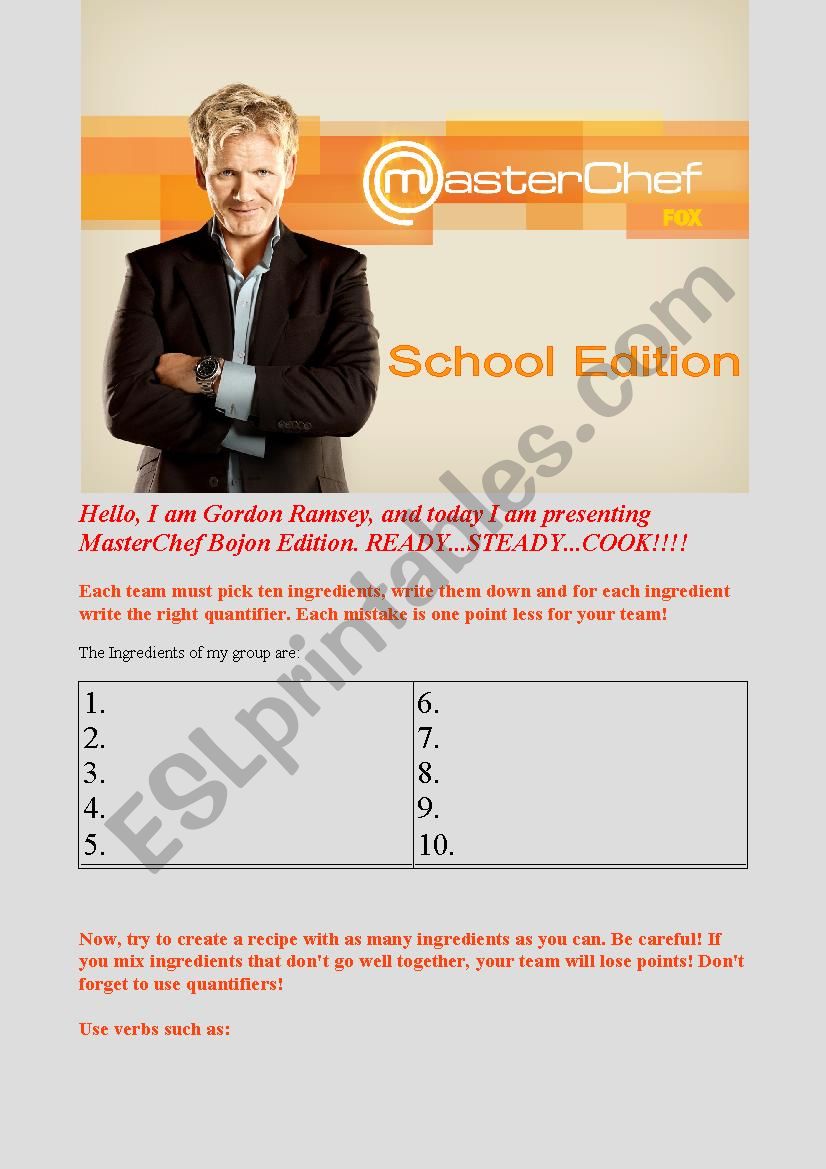 Food, Countable and Uncountable, Recipes: Masterchef School Edition