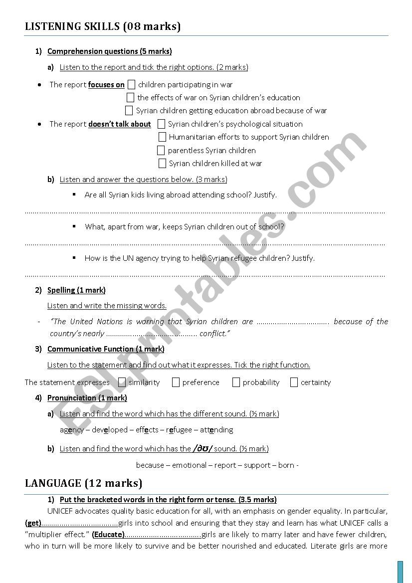 bac students worksheet