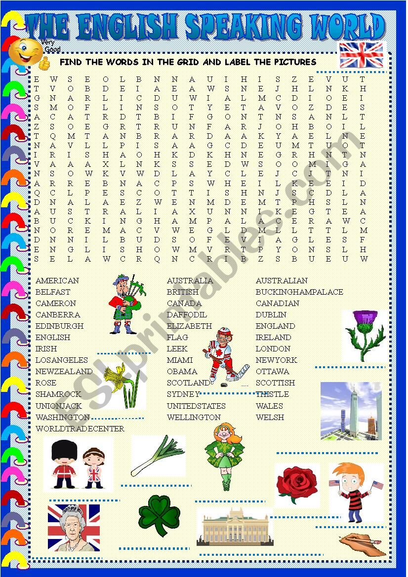 The English Speaking world: wordsearch